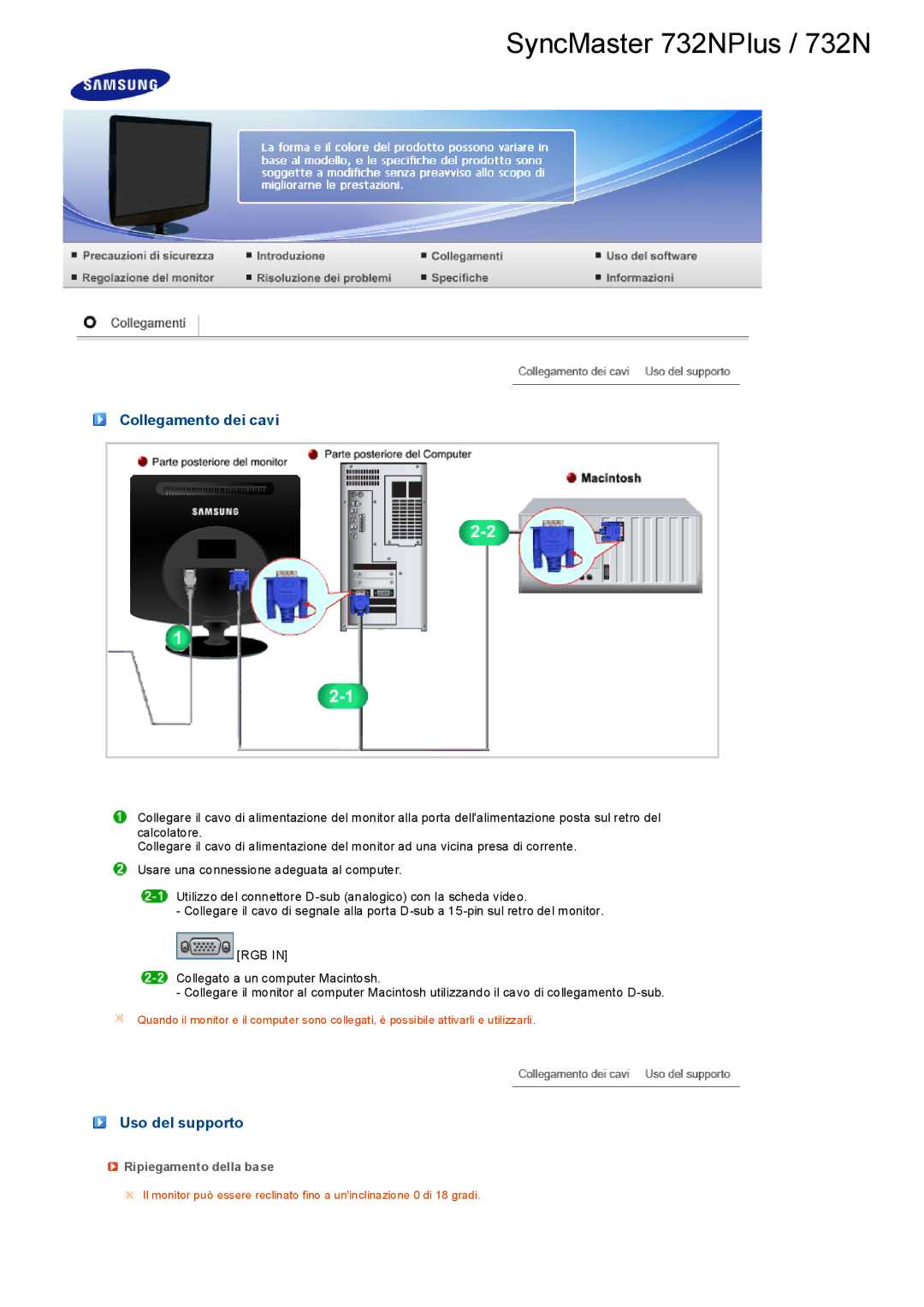 Samsung LS19PEBSFV/CLT, LS17PEASB/EDC, LS19PEBSBV/EDC manual Collegamento dei cavi, Uso del supporto, Ripiegamento della base 