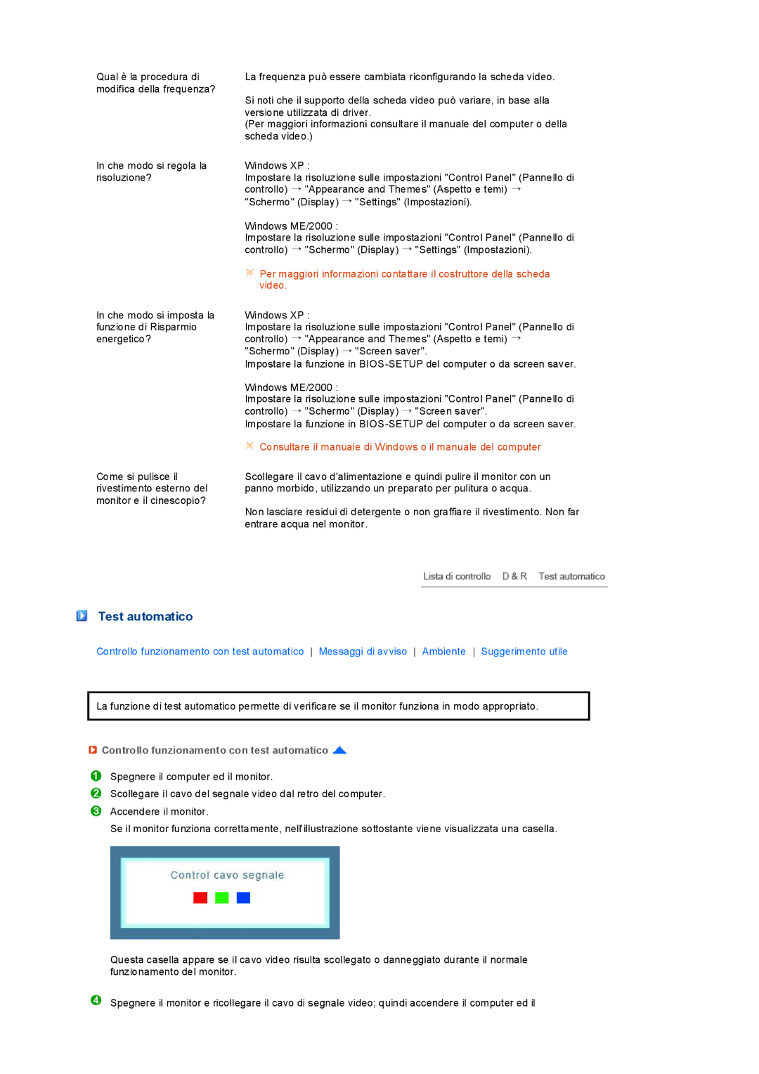 Samsung LS17PEASB/EDC, LS19PEBSBV/EDC, LS19PEBSBE/EDC manual Test automatico, Controllo funzionamento con test automatico 