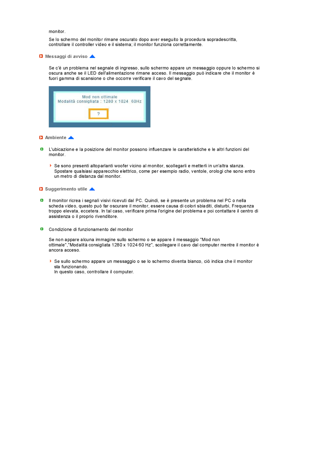 Samsung LS19PEBSBV/EDC, LS17PEASB/EDC, LS19PEBSBE/EDC, LS19PEBSWV/EDC manual Messaggi di avviso, Ambiente, Suggerimento utile 