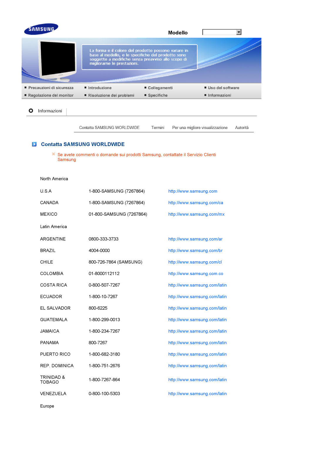 Samsung LS19PEBSWV/EDC, LS17PEASB/EDC, LS19PEBSBV/EDC, LS19PEBSBE/EDC, LS19PEBSFV/CLT manual Contatta Samsung Worldwide 