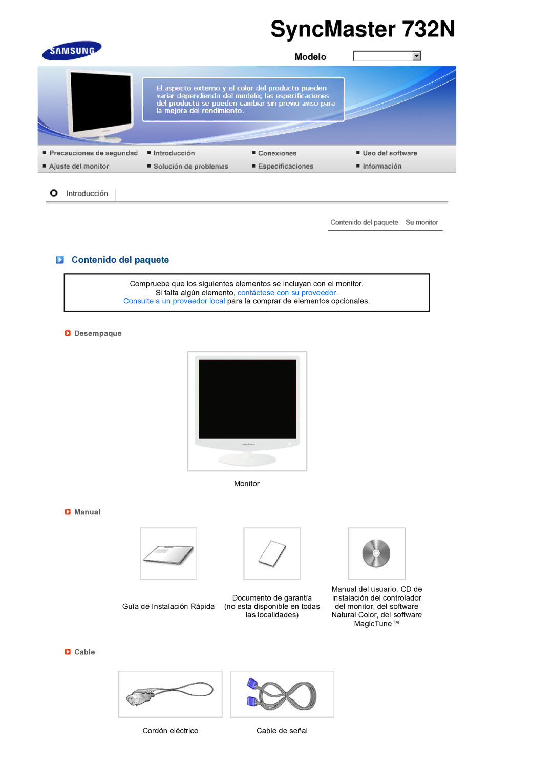 Samsung LS19PEBSBE/EDC, LS17PEASB/EDC, LS19PEBSBV/EDC, LS19PEBSWV/EDC manual Contenido del paquete, Desempaque, Manual, Cable 