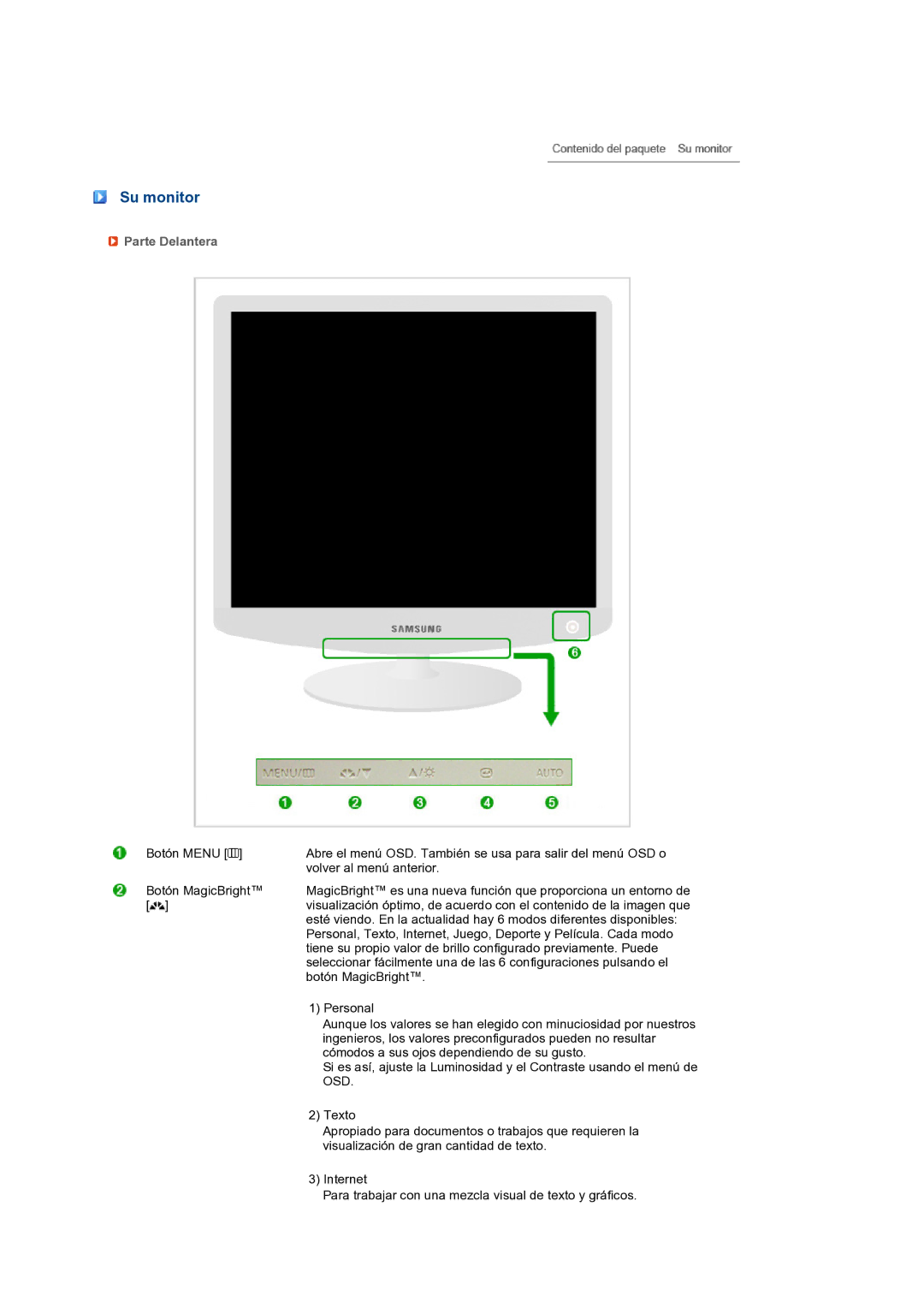 Samsung LS19PEBSWV/EDC, LS17PEASB/EDC, LS19PEBSBV/EDC, LS19PEBSBE/EDC manual Su monitor, Parte Delantera 