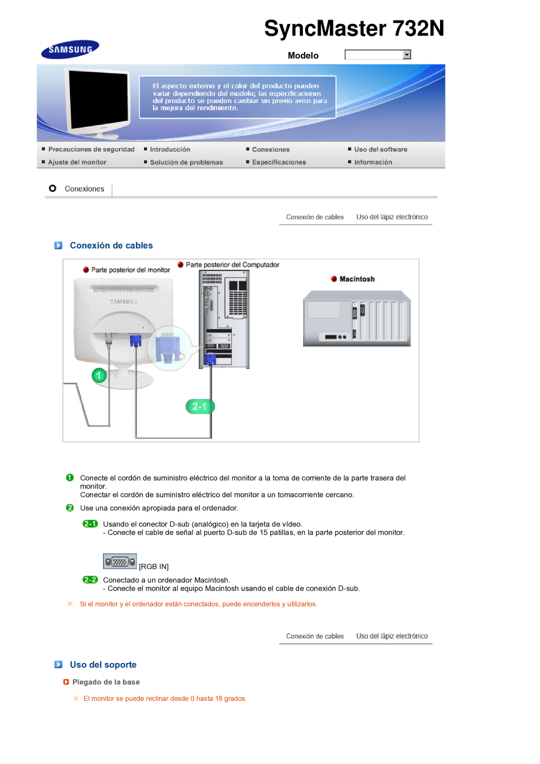 Samsung LS19PEBSBV/EDC, LS17PEASB/EDC, LS19PEBSBE/EDC manual Conexión de cables, Uso del soporte, Plegado de la base 