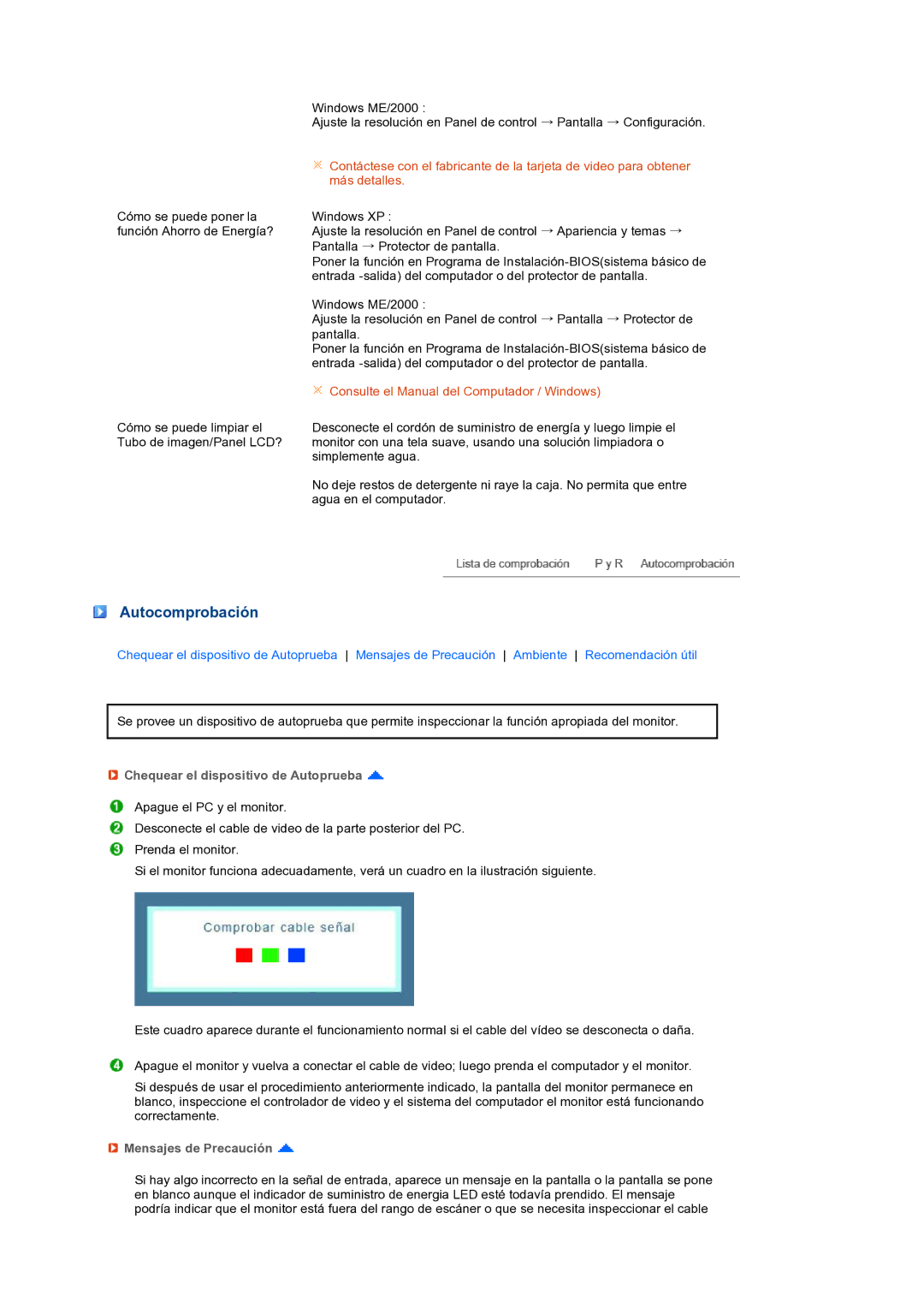 Samsung LS19PEBSBE/EDC, LS17PEASB/EDC manual Autocomprobación, Chequear el dispositivo de Autoprueba, Mensajes de Precaución 