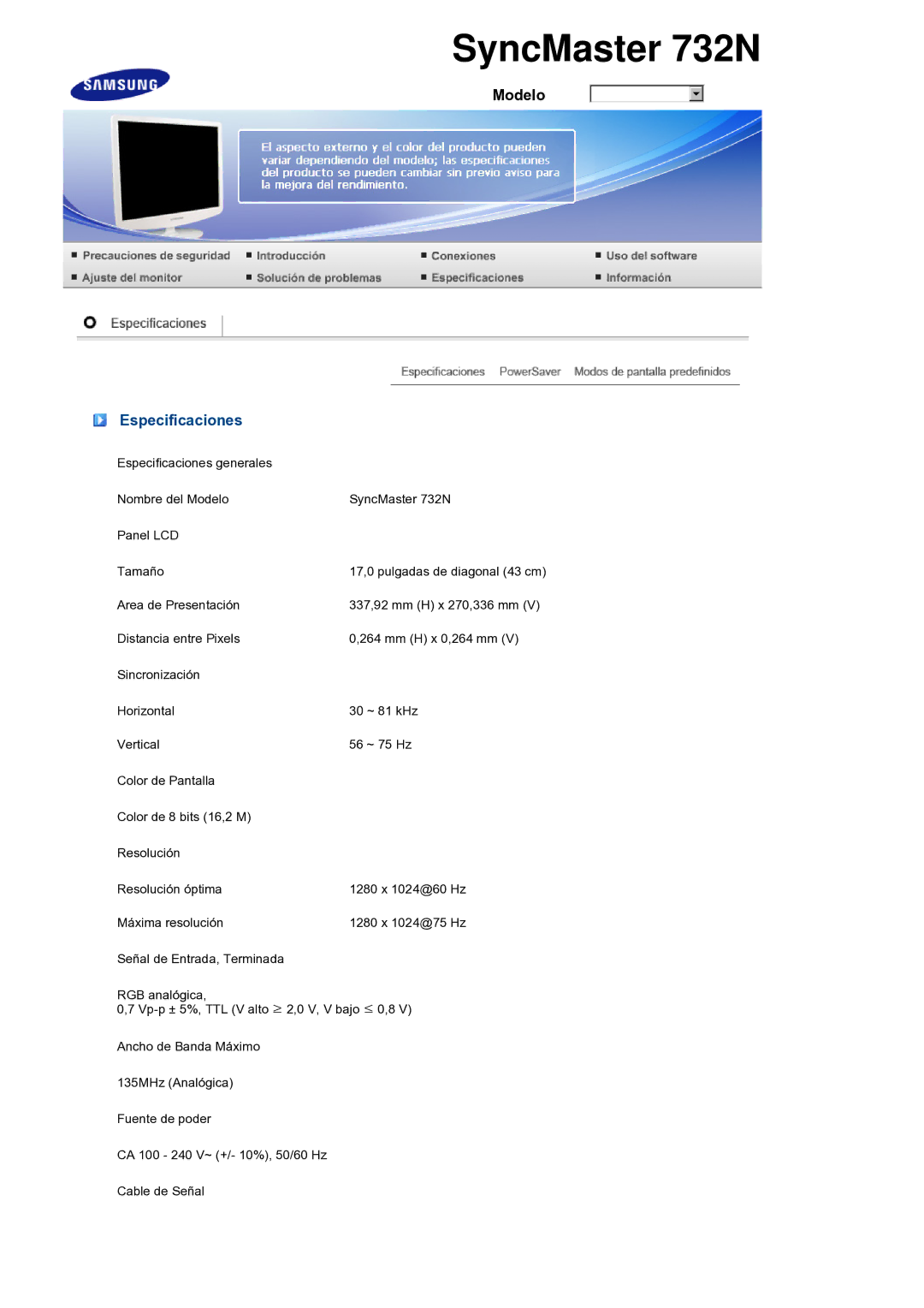 Samsung LS19PEBSBV/EDC, LS17PEASB/EDC, LS19PEBSBE/EDC, LS19PEBSWV/EDC manual Especificaciones 