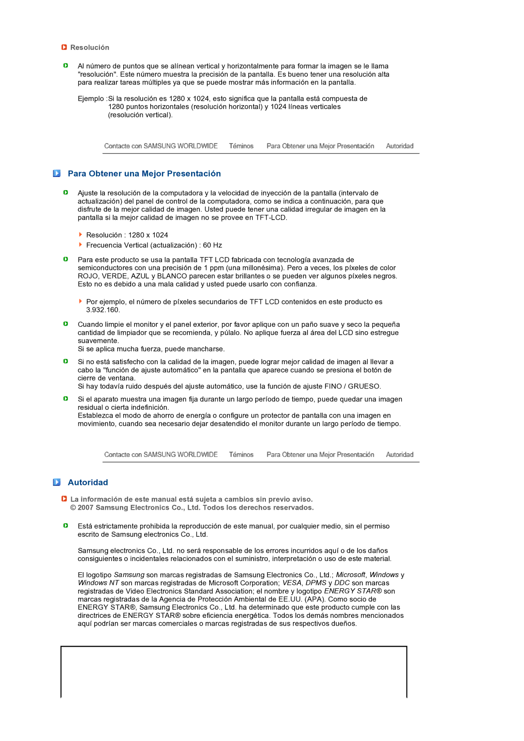 Samsung LS17PEASB/EDC, LS19PEBSBV/EDC, LS19PEBSBE/EDC manual Para Obtener una Mejor Presentación, Autoridad, Resolución 