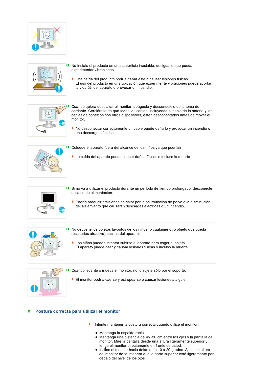 Samsung LS19PEBSBV/EDC, LS17PEASB/EDC, LS19PEBSBE/EDC, LS19PEBSWV/EDC manual Postura correcta para utilizar el monitor 