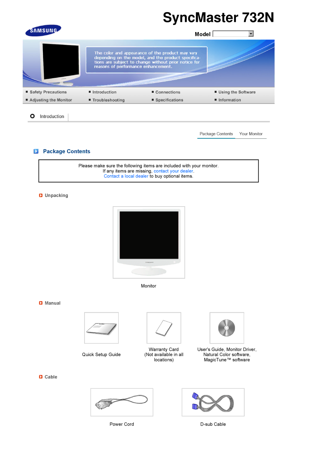 Samsung LS19PEBSSE/EDC, LS17PEASW/EDC, LS17PEASB/EDC, LS19PEBSBV/EDC, LS19PEBSBE/EDC manual SyncMaster 732N, Package Contents 