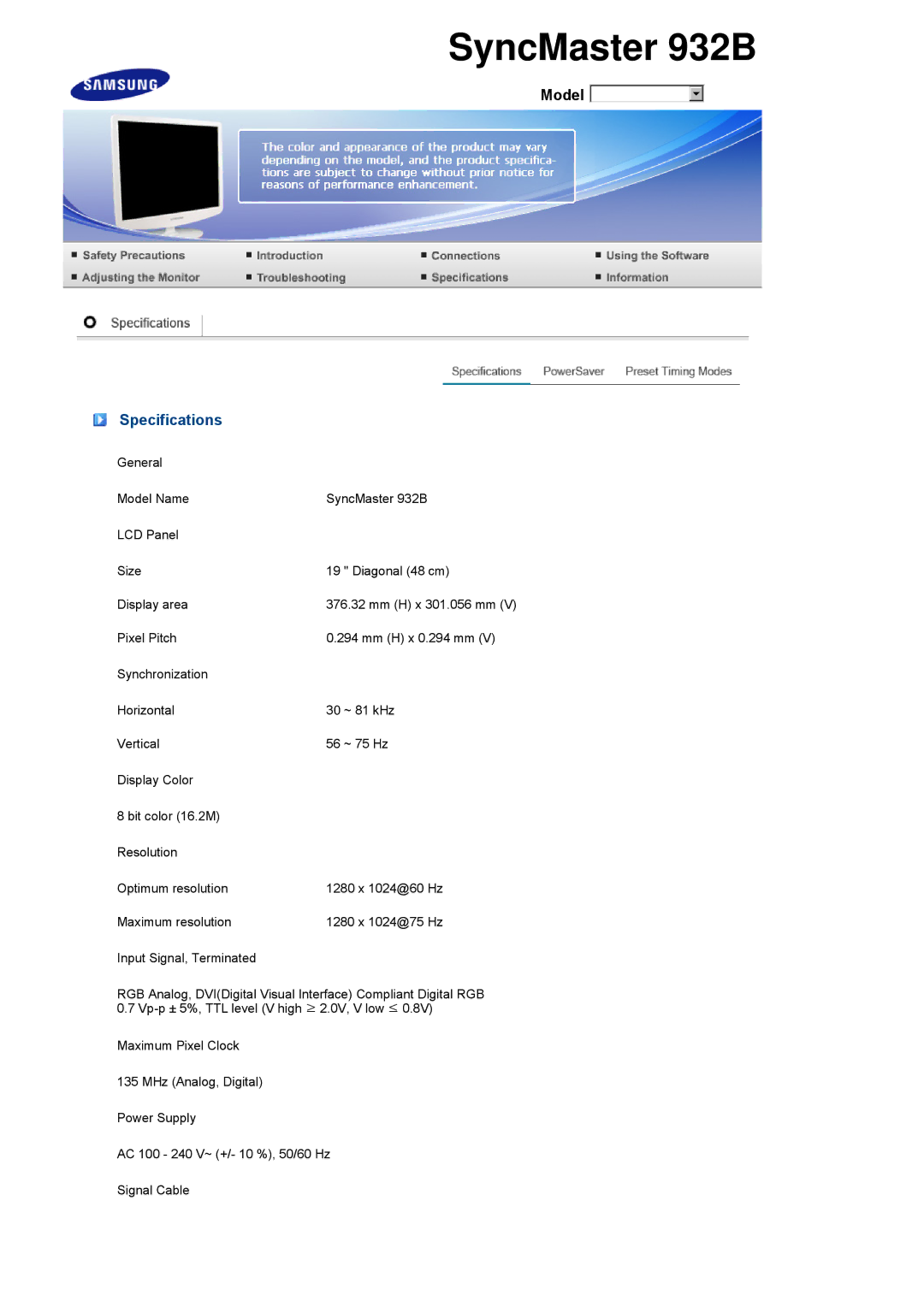 Samsung LS17PEASW/TRU, LS17PEASW/EDC, LS17PEASB/EDC, LS19PEBSBV/EDC, LS19PEBSBE/EDC, LS19PEBSWV/EDC manual SyncMaster 932B 