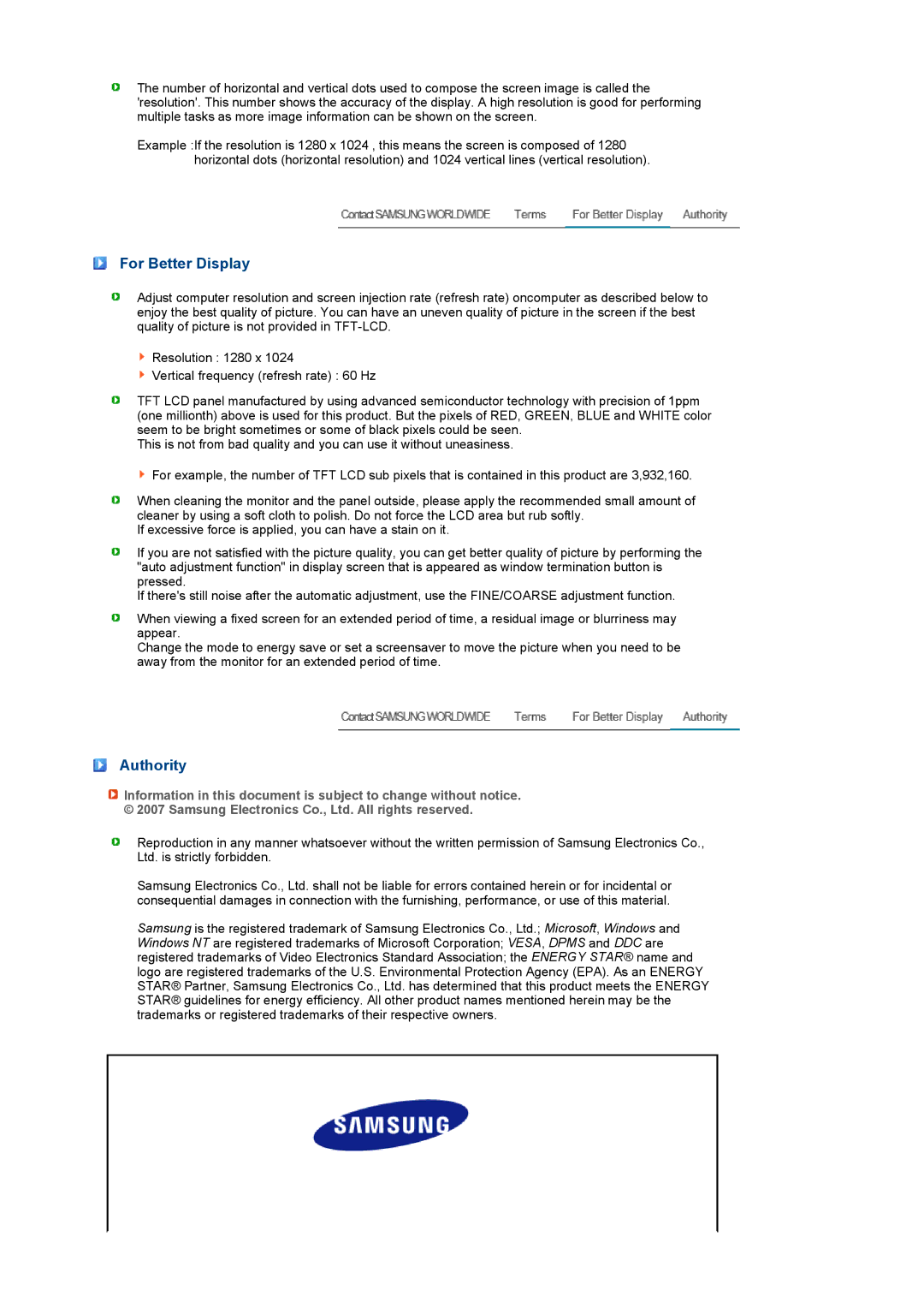 Samsung LS19PEBSW/EDC, LS17PEASW/EDC, LS17PEASB/EDC, LS19PEBSBV/EDC, LS19PEBSBE/EDC manual For Better Display, Authority 