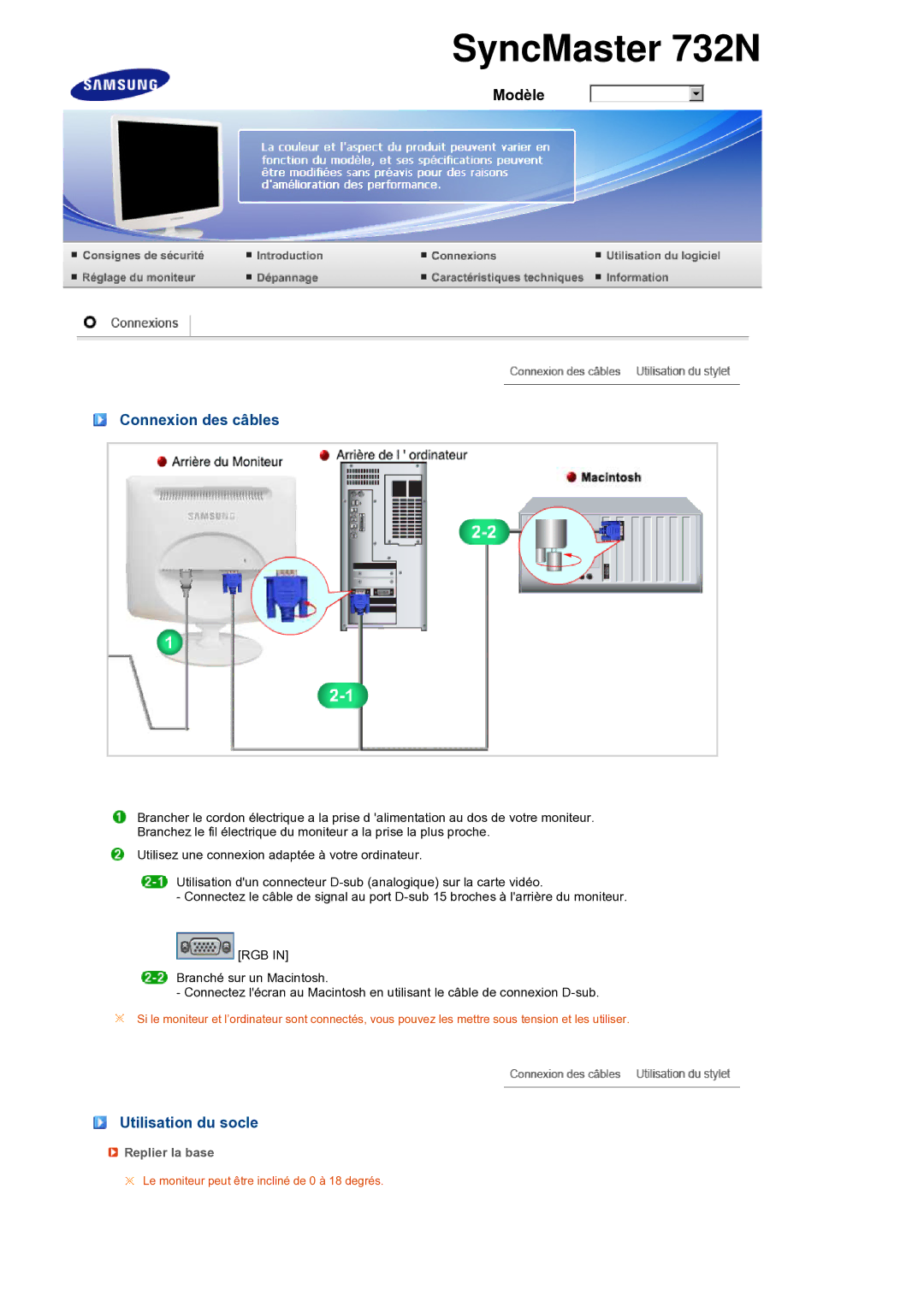 Samsung LS17PEASB/EDC, LS17PEASW/EDC, LS19PEBSBV/EDC manual Connexion des câbles, Utilisation du socle, Replier la base 