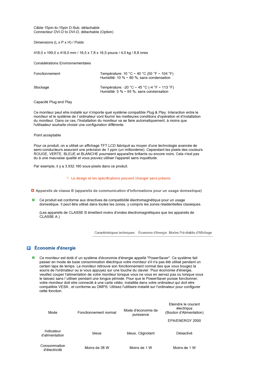 Samsung LS17PEASW/EDC, LS17PEASB/EDC, LS19PEBSBV/EDC, LS19PEBSBE/EDC, LS19PEBSWV/EDC manual Économie dénergie 