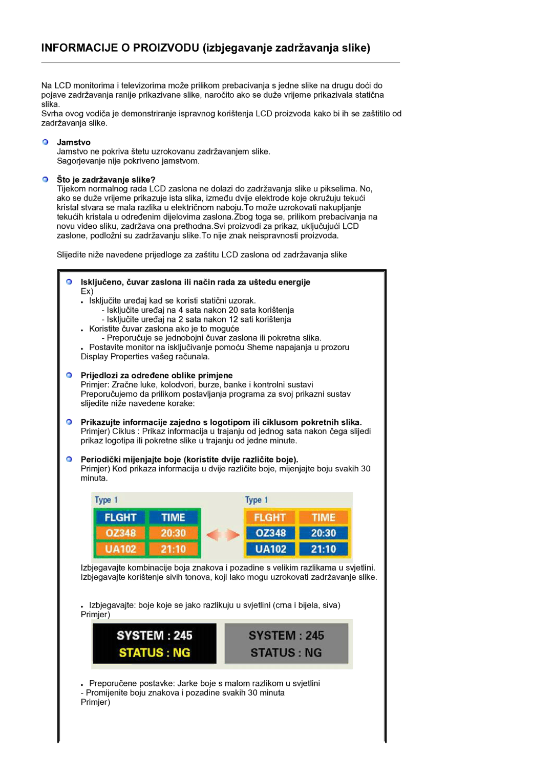 Samsung LS17PEASB/EDC, LS17PEASW/EDC, LS19PEBSBV/EDC, LS19PEBSBE/EDC Informacije O Proizvodu izbjegavanje zadržavanja slike 