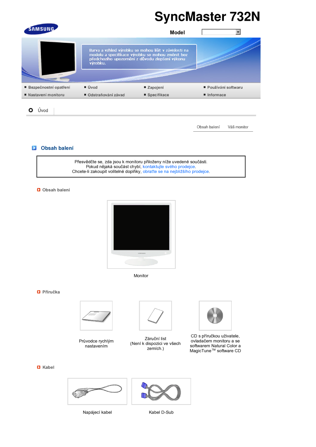 Samsung LS19PEBSBE/EDC, LS17PEASW/EDC, LS17PEASB/EDC, LS19PEBSBV/EDC, LS19PEBSWV/EDC manual Obsah balení, Příručka, Kabel 