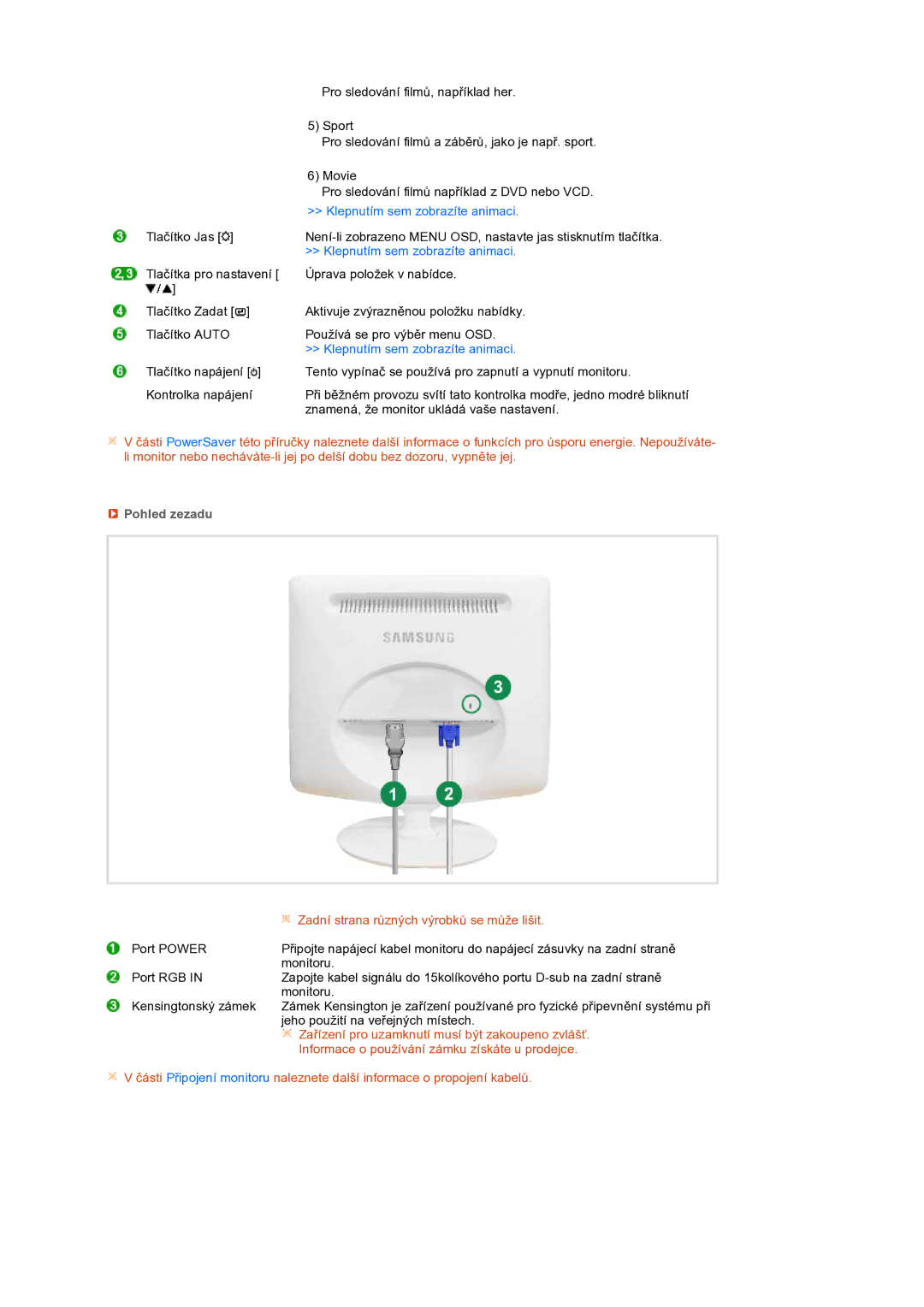 Samsung LS17PEASW/EDC, LS17PEASB/EDC, LS19PEBSBV/EDC manual Pohled zezadu, Zadní strana různých výrobků se může lišit 