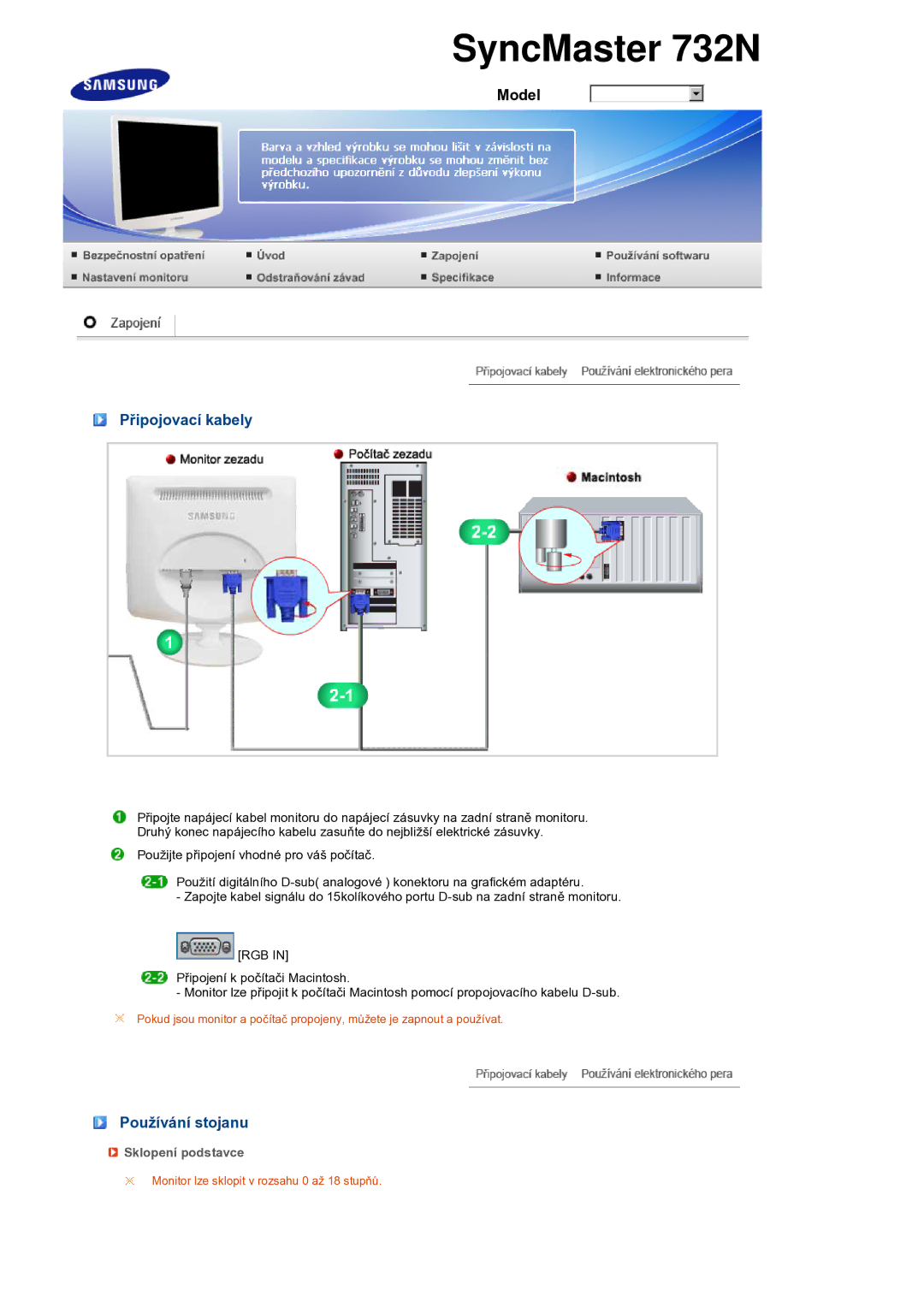 Samsung LS17PEASW/EDC, LS17PEASB/EDC, LS19PEBSBV/EDC manual Připojovací kabely, Používání stojanu, Sklopení podstavce 