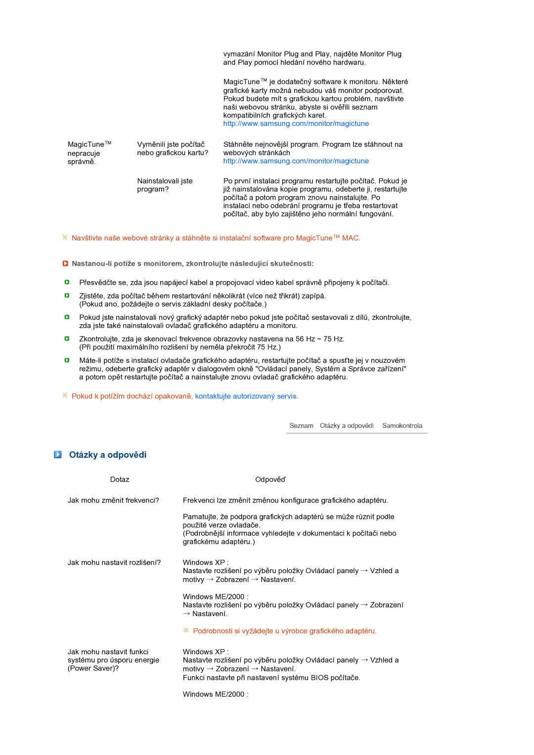 Samsung LS17PEASB/EDC, LS17PEASW/EDC manual Otázky a odpovědi, Podrobnosti si vyžádejte u výrobce grafického adaptéru 