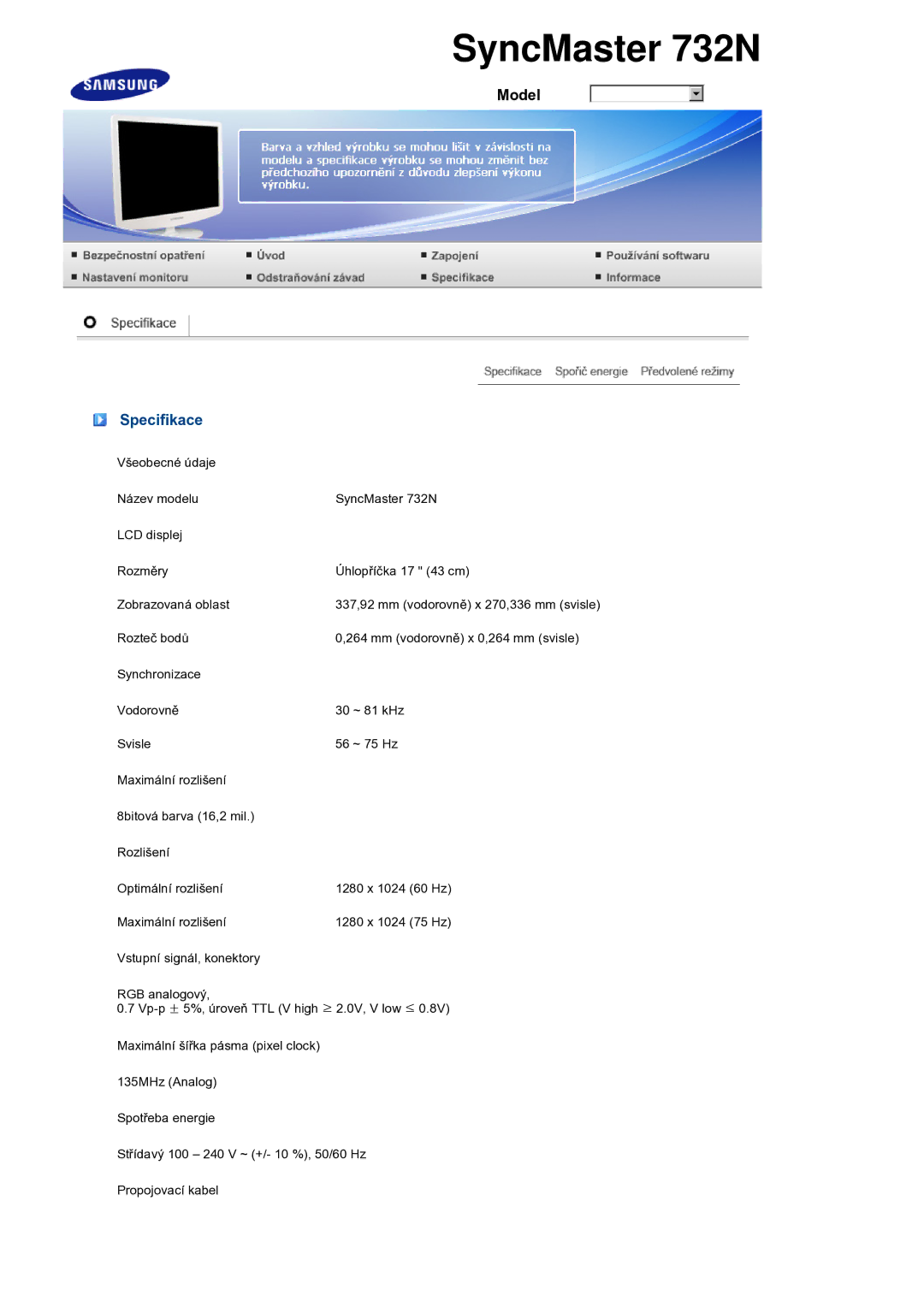 Samsung LS19PEBSWV/EDC, LS17PEASW/EDC, LS17PEASB/EDC, LS19PEBSBV/EDC, LS19PEBSBE/EDC manual Specifikace 