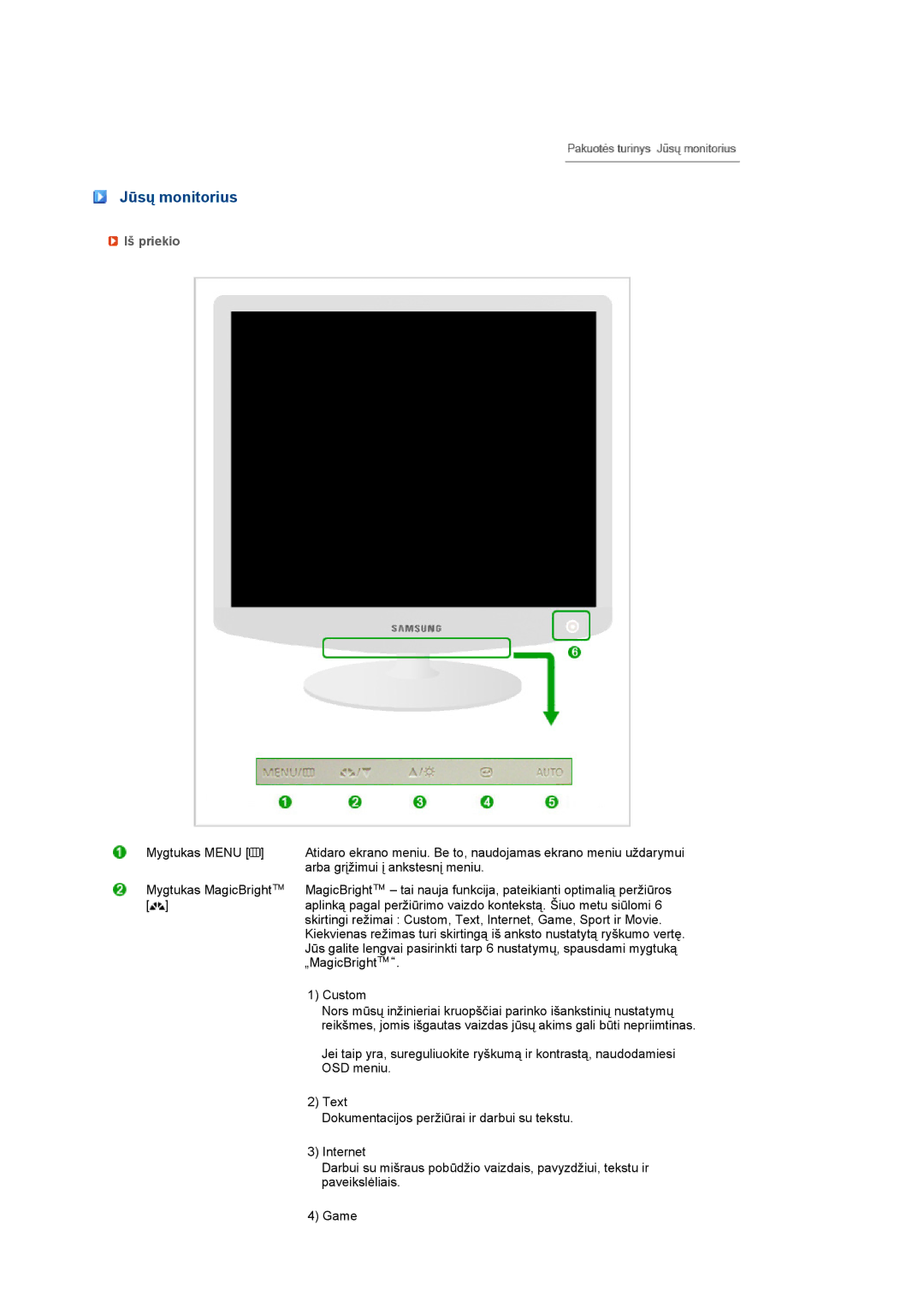 Samsung LS17PEASW/EDC, LS17PEASB/EDC, LS19PEBSBV/EDC, LS19PEBSBE/EDC, LS19PEBSWV/EDC manual Jūsų monitorius, Iš priekio 