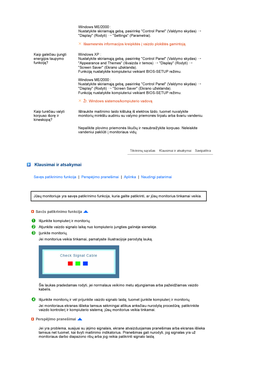 Samsung LS19PEBSBE/EDC, LS17PEASW/EDC, LS17PEASB/EDC, LS19PEBSBV/EDC manual Savźs patikrinimo funkcija, Perspėjimo pranešimai 