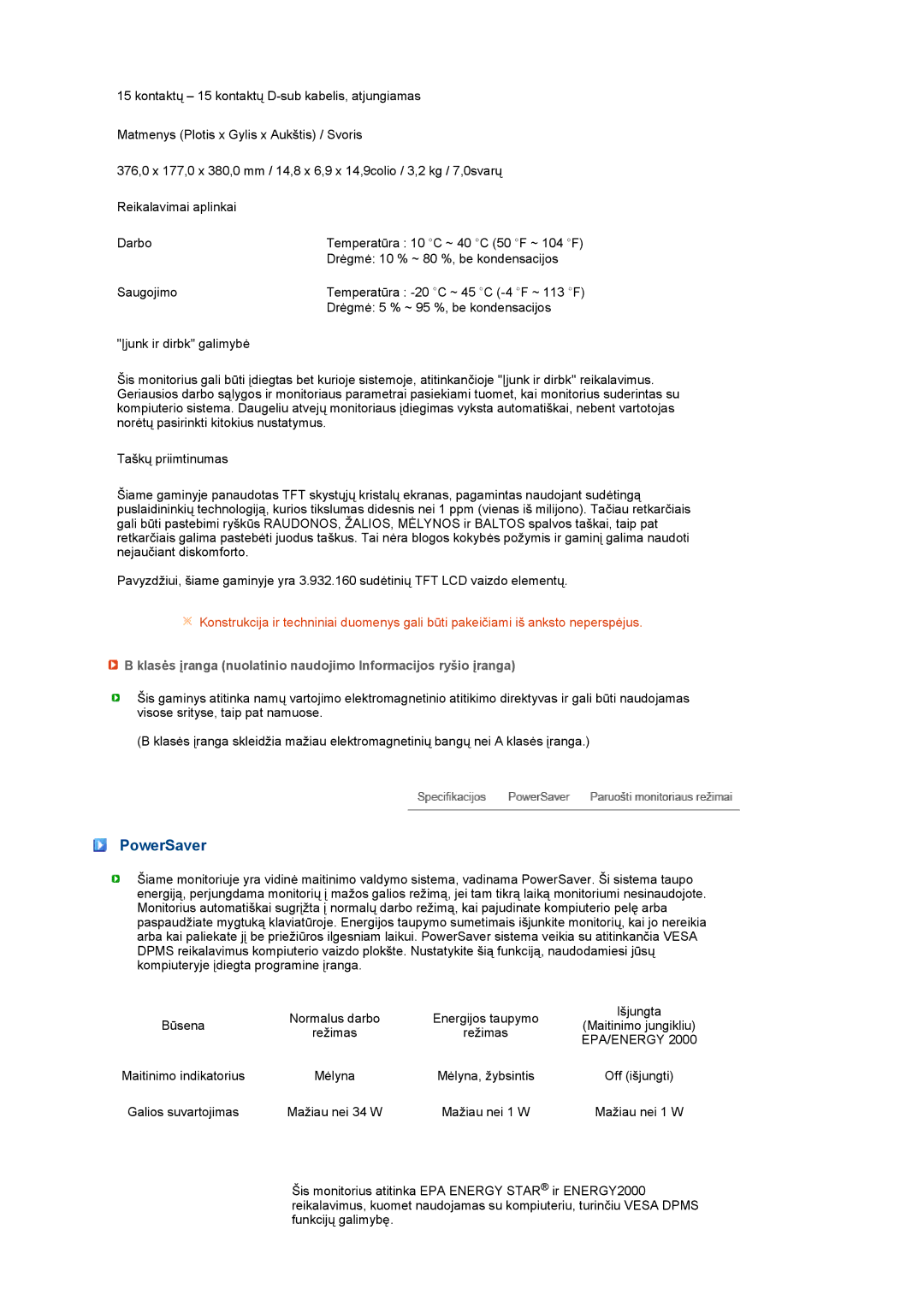 Samsung LS17PEASB/EDC, LS17PEASW/EDC manual PowerSaver, Klasės įranga nuolatinio naudojimo Informacijos ryšio įranga 