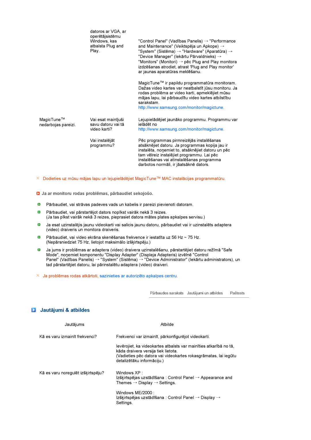 Samsung LS17PEASB/EDC, LS17PEASW/EDC manual Jautājumi & atbildes, Ja ar monitoru rodas problēmas, pārbaudiet sekojošo 