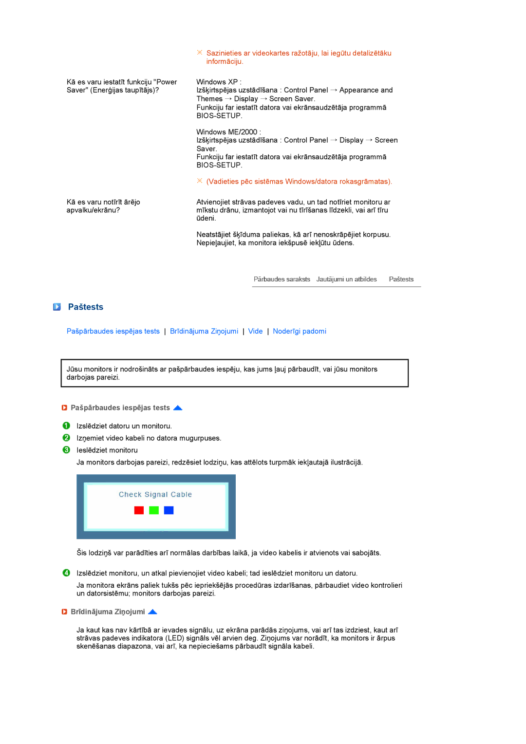 Samsung LS19PEBSBV/EDC, LS17PEASW/EDC, LS17PEASB/EDC manual Paštests, Pašpārbaudes iespējas tests, Brīdinājuma Ziņojumi 