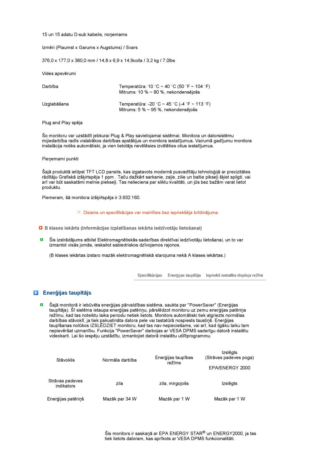 Samsung LS17PEASW/EDC, LS17PEASB/EDC, LS19PEBSBV/EDC, LS19PEBSBE/EDC, LS19PEBSWV/EDC manual Enerģijas taupītājs, Epa/Energy 