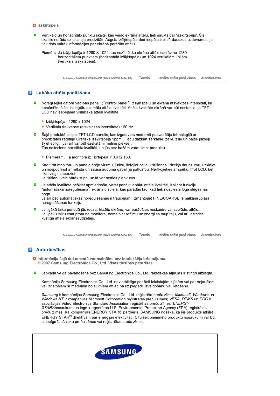 Samsung LS17PEASW/EDC, LS17PEASB/EDC, LS19PEBSBV/EDC, LS19PEBSBE/EDC Labāka attēla panākšana, Autortiesības, Izšķirtspēja 