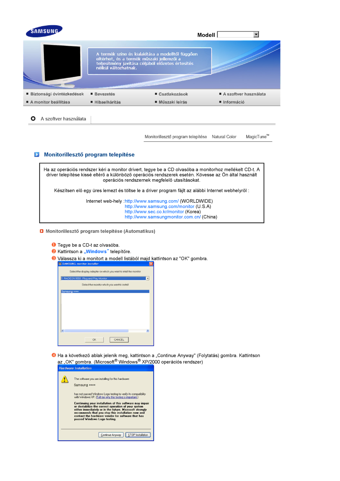 Samsung LS19PEBSBE/EDC, LS17PEASW/EDC, LS17PEASB/EDC, LS19PEBSBV/EDC manual Monitorillesztő program telepítése Automatikus 