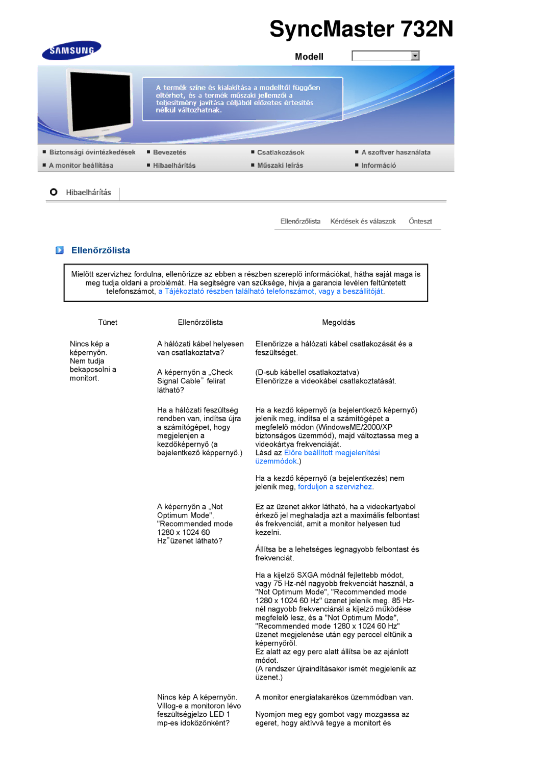 Samsung LS19PEBSBE/EDC, LS17PEASW/EDC, LS17PEASB/EDC manual Ellenőrzőlista, Lásd az Előre beállított megjelenítési üzemmódok 