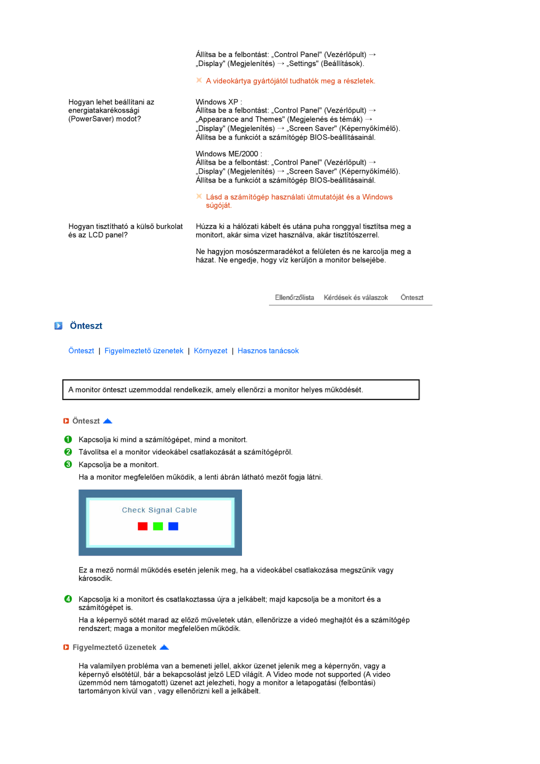 Samsung LS17PEASB/EDC, LS17PEASW/EDC, LS19PEBSBV/EDC, LS19PEBSBE/EDC, LS19PEBSWV/EDC manual Önteszt, Figyelmeztető üzenetek 