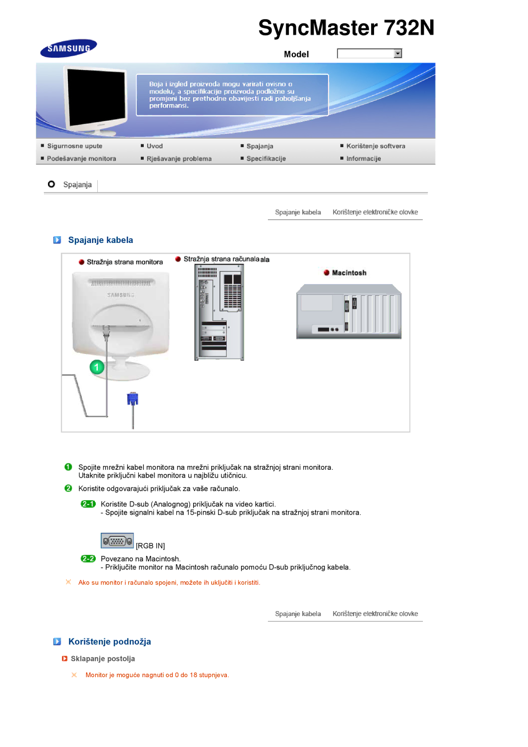 Samsung LS19PEBSWV/EDC, LS17PEASW/EDC, LS17PEASB/EDC manual Spajanje kabela, Korištenje podnožja, Sklapanje postolja 