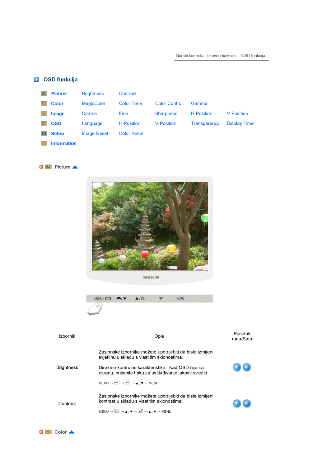 Samsung LS19PEBSBV/EDC, LS17PEASW/EDC, LS17PEASB/EDC, LS19PEBSBE/EDC, LS19PEBSWV/EDC manual OSD funkcija, Picture, Color 