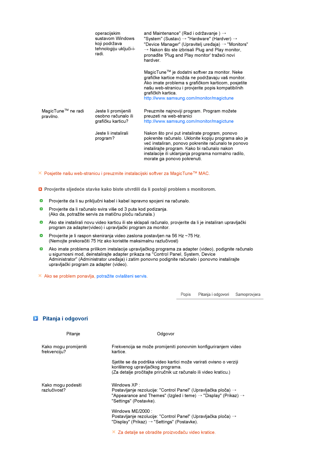 Samsung LS17PEASW/EDC, LS17PEASB/EDC, LS19PEBSBV/EDC Pitanja i odgovori, Za detalje se obradite proizvođaču video kratice 