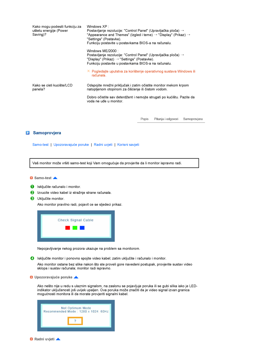 Samsung LS17PEASB/EDC, LS17PEASW/EDC, LS19PEBSBV/EDC manual Samoprovjera, Samo-test, Upozoravajuće poruke, Radni uvjeti 