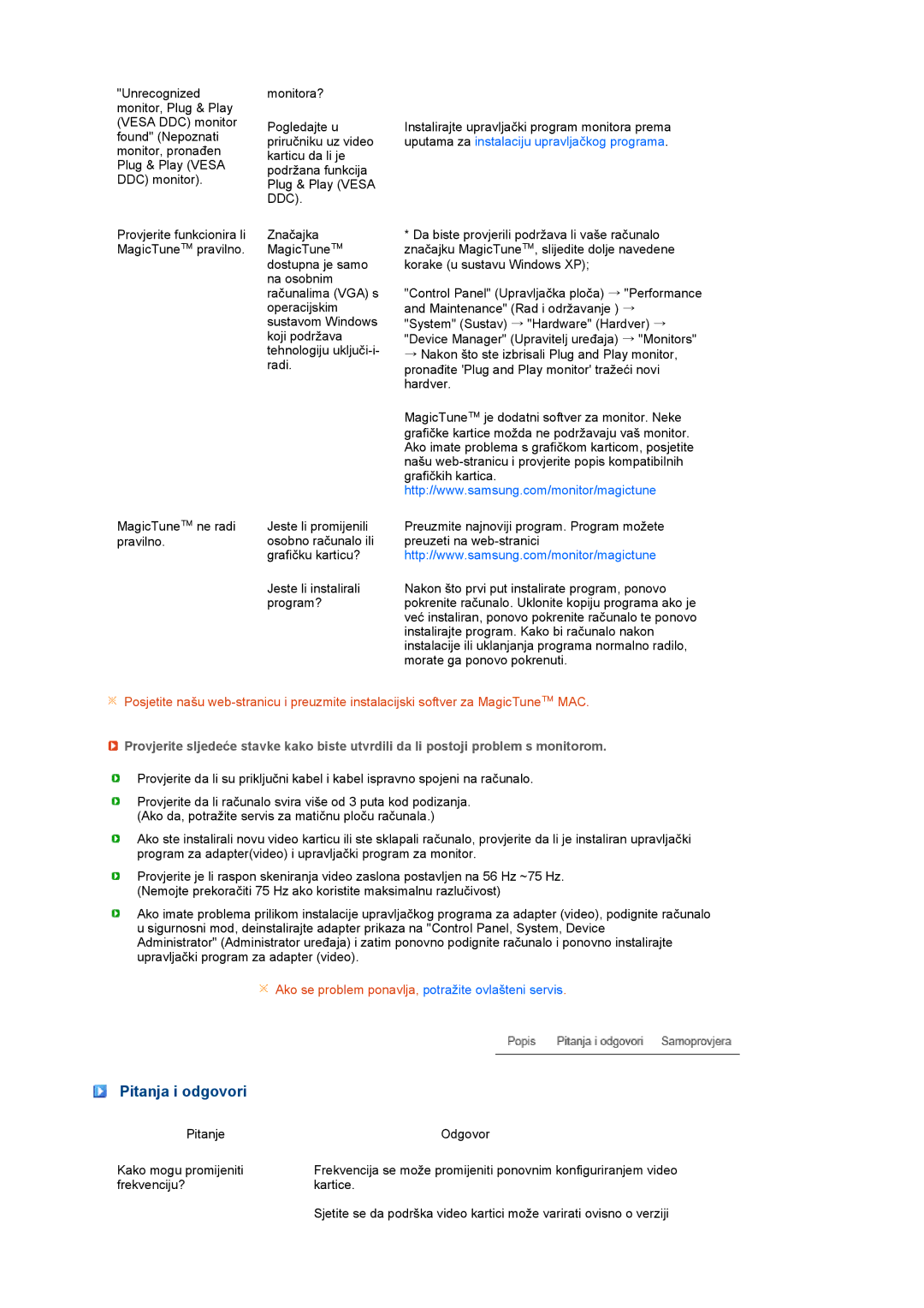 Samsung LS17PEASW/EDC, LS17PEASB/EDC, LS19PEBSBV/EDC, LS19PEBSBE/EDC, LS19PEBSWV/EDC manual Pitanja i odgovori 