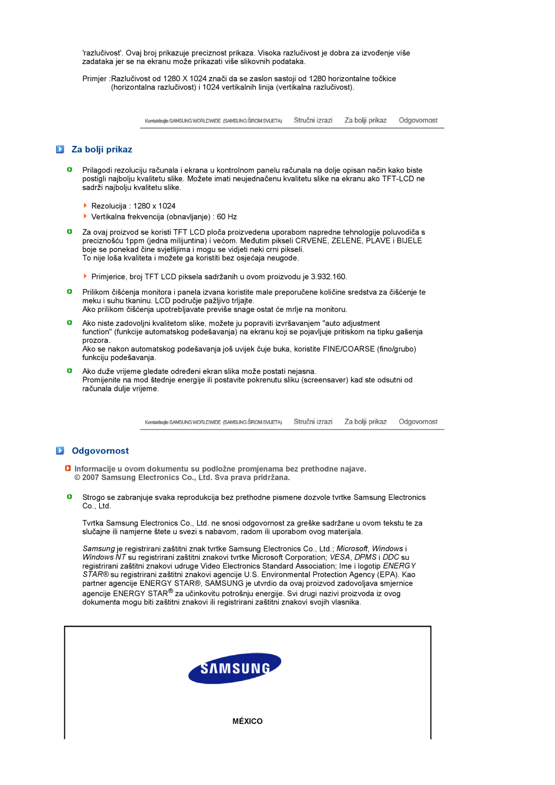 Samsung LS19PEBSWV/EDC, LS17PEASW/EDC, LS17PEASB/EDC, LS19PEBSBV/EDC, LS19PEBSBE/EDC manual Za bolji prikaz, Odgovornost 