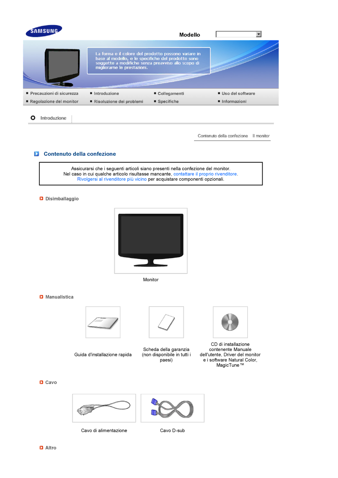 Samsung LS17PENSF/CLT manual Contenuto della confezione, Disimballaggio, Manualistica, Cavo, Altro 