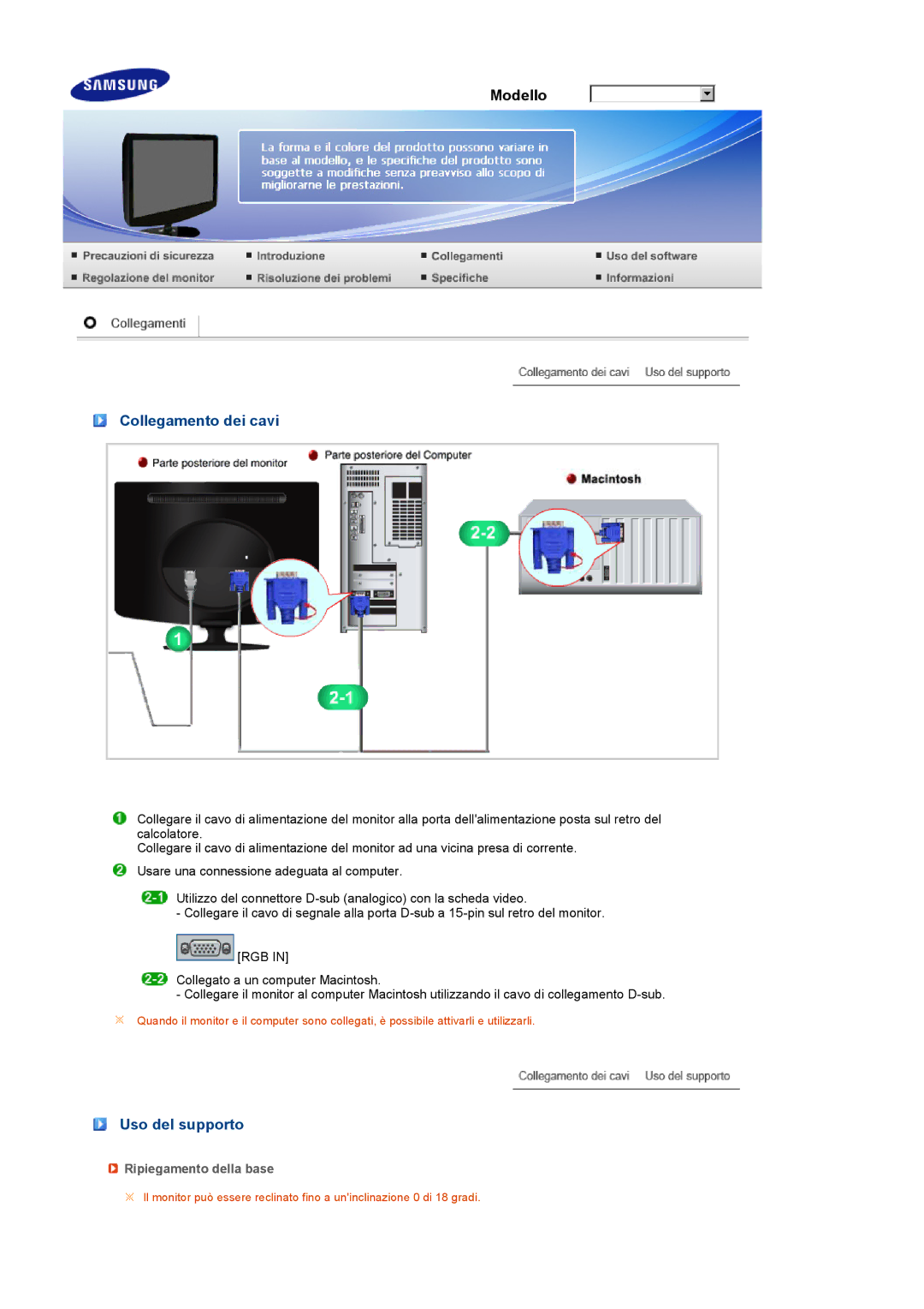 Samsung LS17PENSF/CLT manual Collegamento dei cavi, Uso del supporto, Ripiegamento della base 