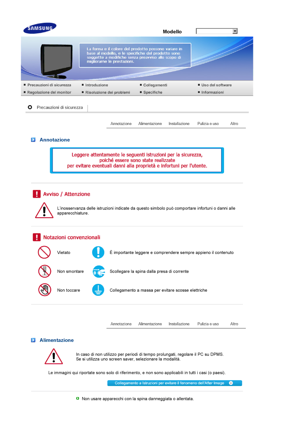 Samsung LS17PENSF/CLT manual Annotazione, Alimentazione 