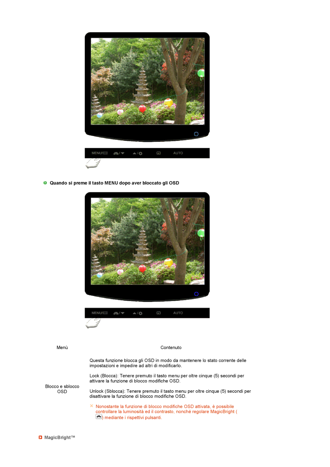 Samsung LS17PENSF/CLT manual Quando si preme il tasto Menu dopo aver bloccato gli OSD, MagicBright 