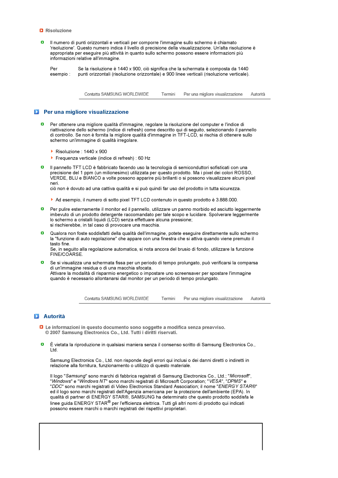 Samsung LS17PENSF/CLT manual Per una migliore visualizzazione, Autorità, Risoluzione 