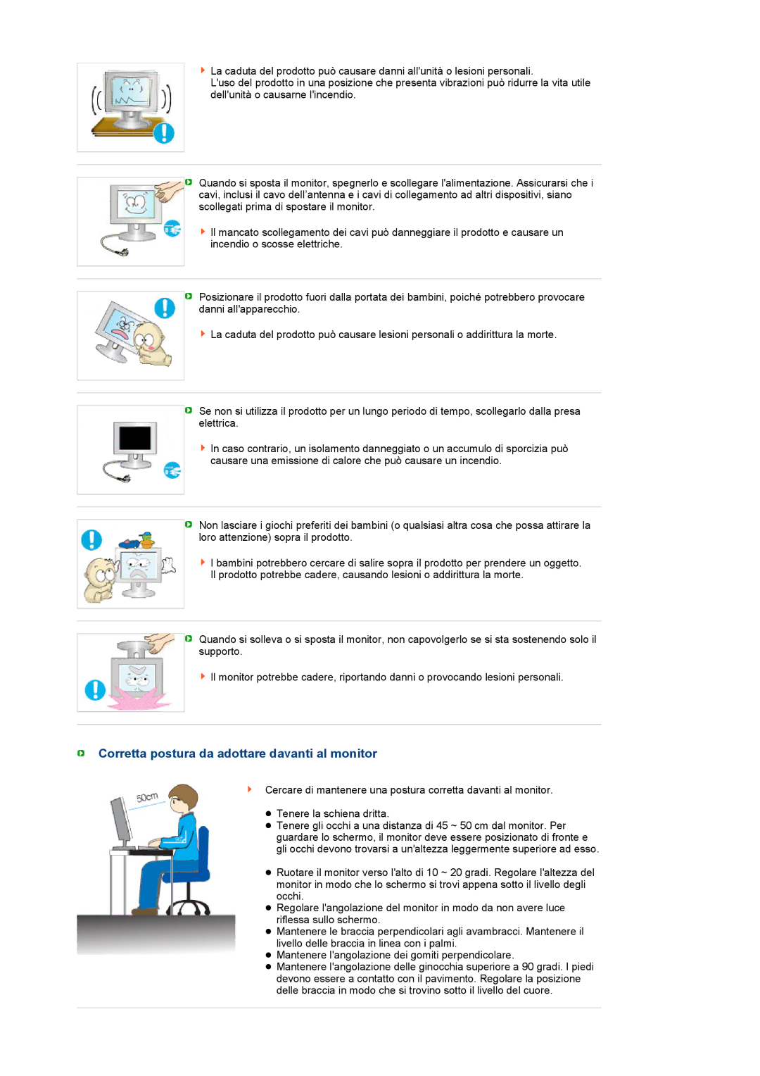 Samsung LS17PENSF/CLT manual Corretta postura da adottare davanti al monitor 