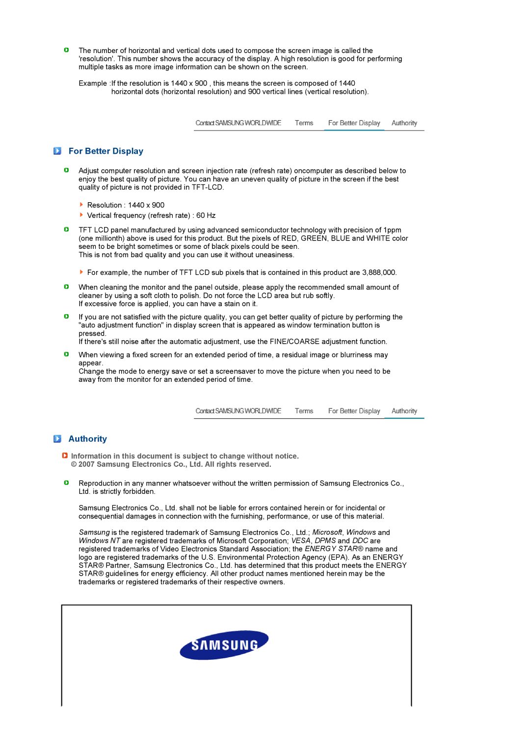 Samsung LS17PENSF/CLT manual For Better Display, Authority 