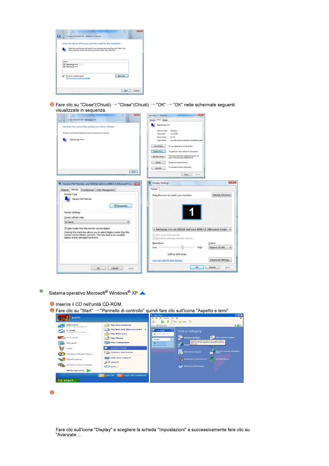 Samsung LS17PENSF/CLT manual Sistema operativo Microsoft Windows XP, Inserire il CD nellunità CD-ROM, Avanzate 