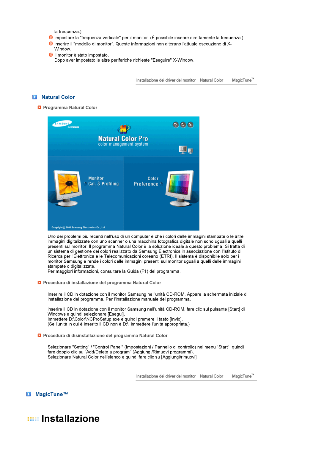 Samsung LS17PENSF/CLT manual Installazione, MagicTune, Programma Natural Color 