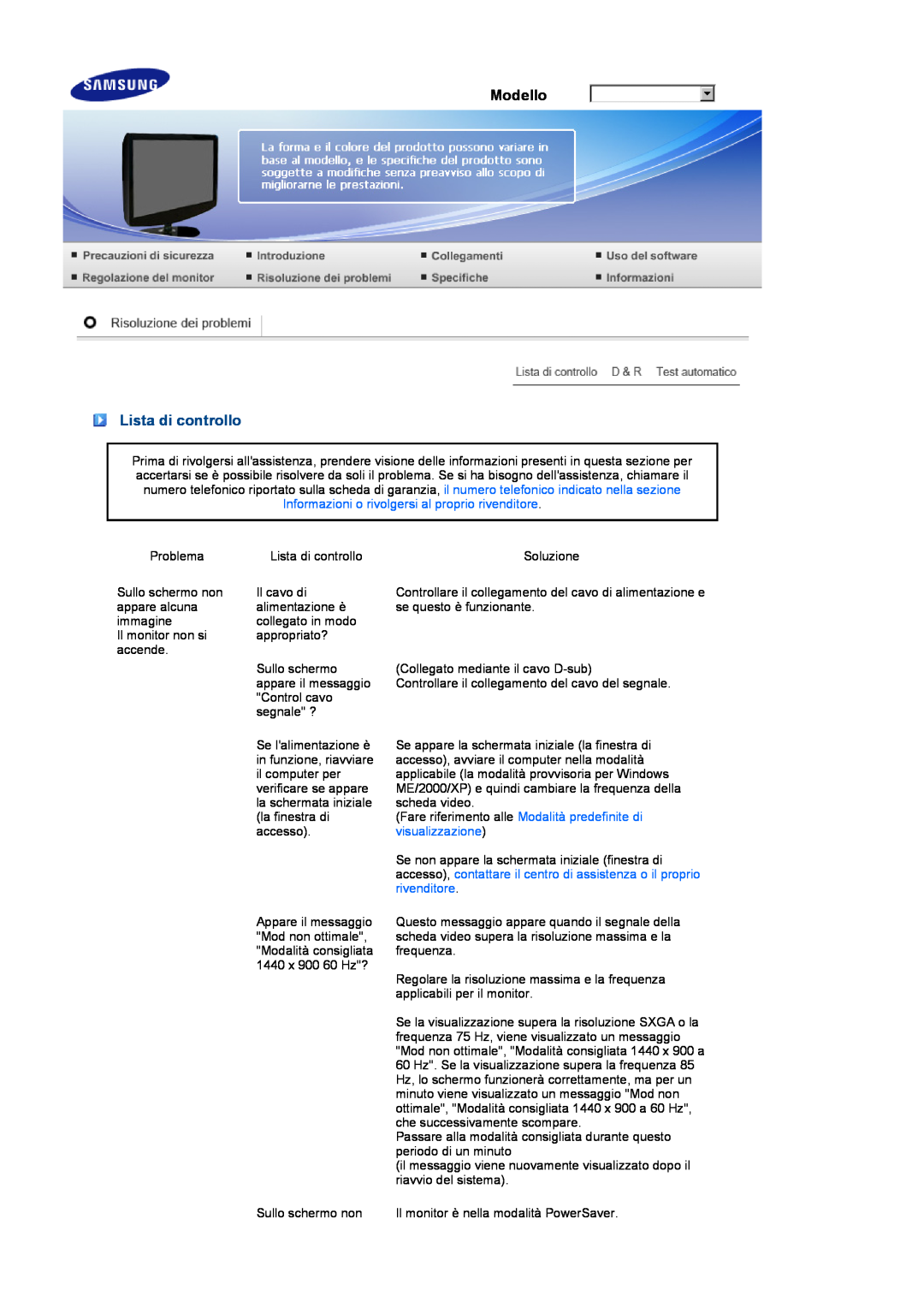 Samsung LS17PENSF/CLT manual Lista di controllo, Modello, visualizzazione, rivenditore 