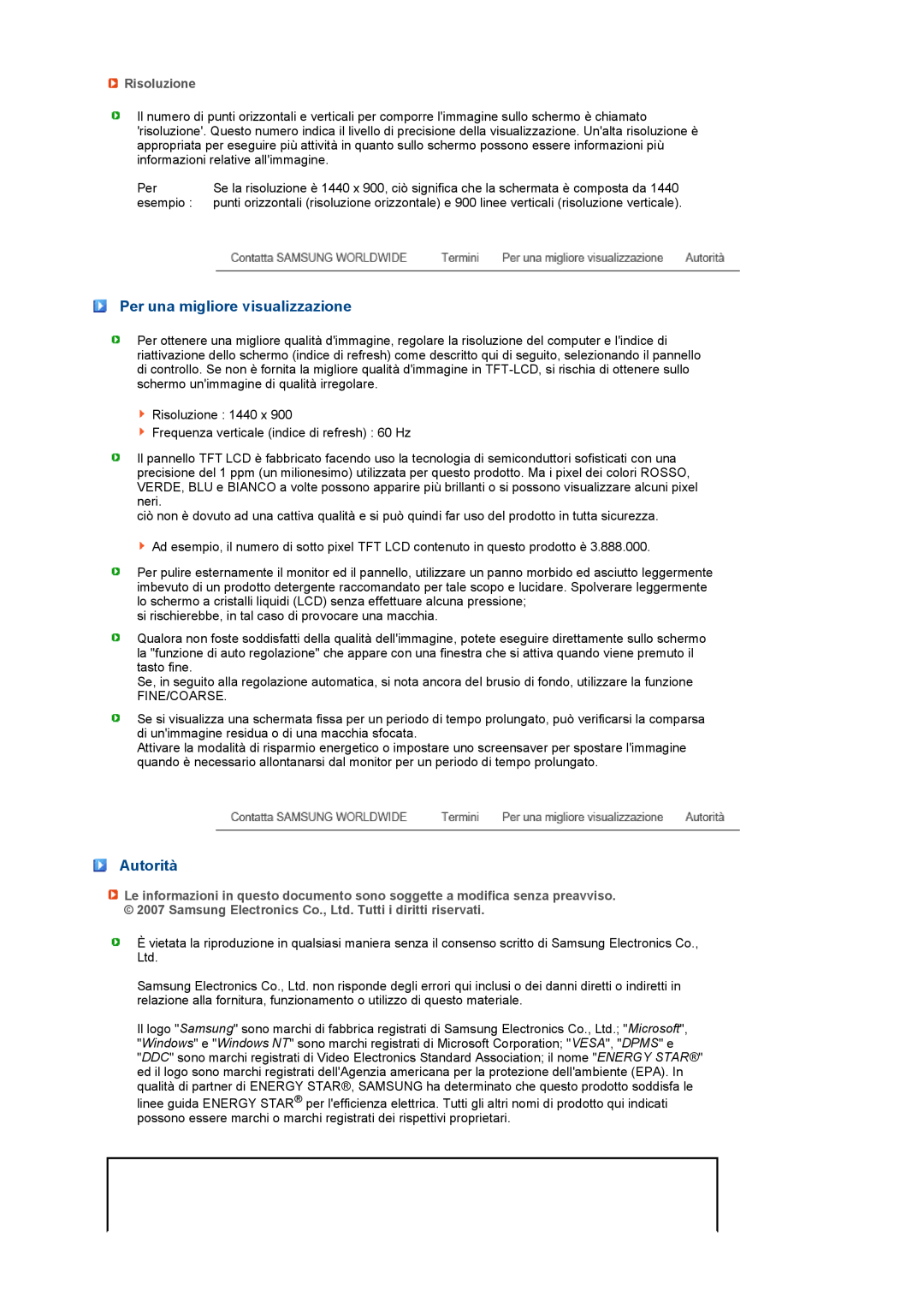 Samsung LS17PENSF/CLT manual Per una migliore visualizzazione, Autorità, Risoluzione 