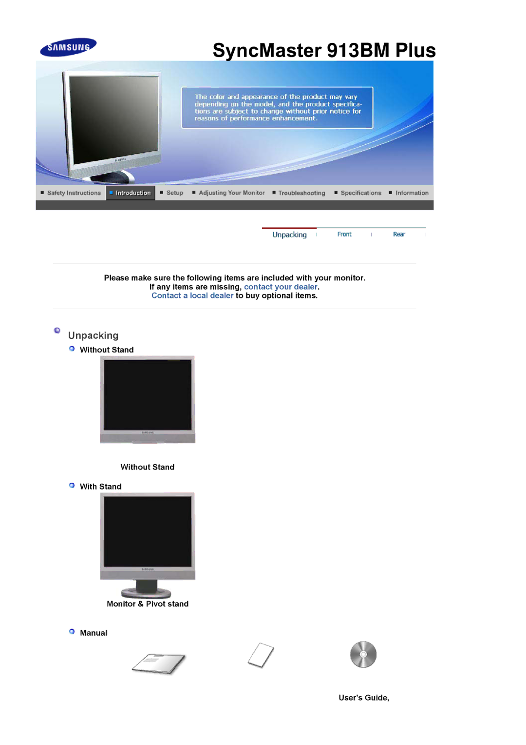 Samsung LS17PLMSSB/EDC, LS19PLMTSQ/EDC, LS17PLMTSQ/EDC, LS17PLMSKB/EDC, LS17PLMSSB/DZS manual SyncMaster 913BM Plus, Unpacking 